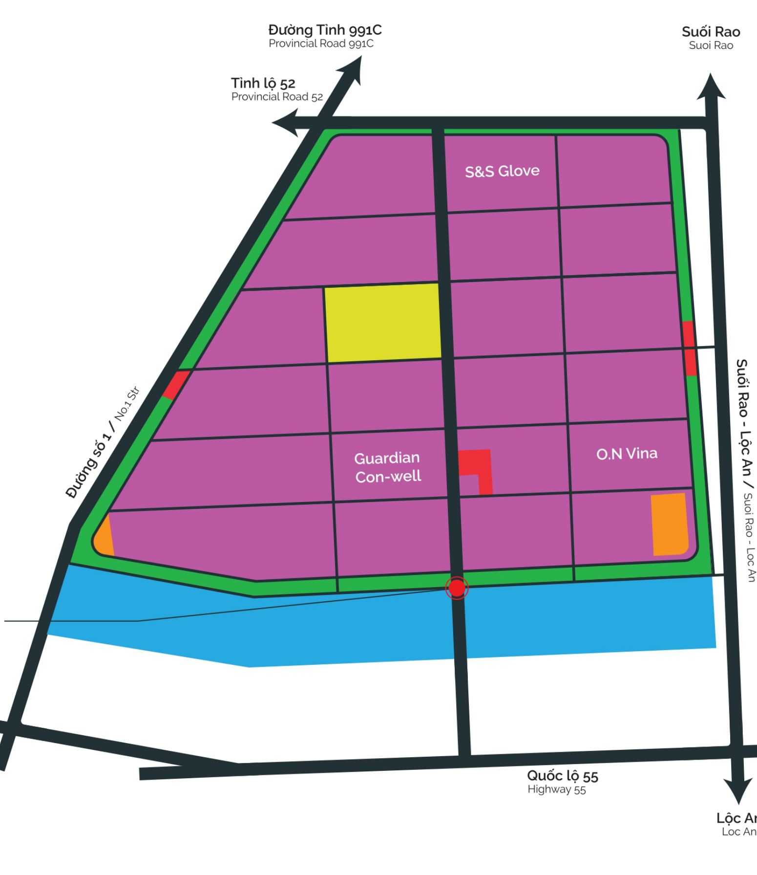 Source masterplan of Dat Do I Industrial Park showing land-use zones and surrounding roads