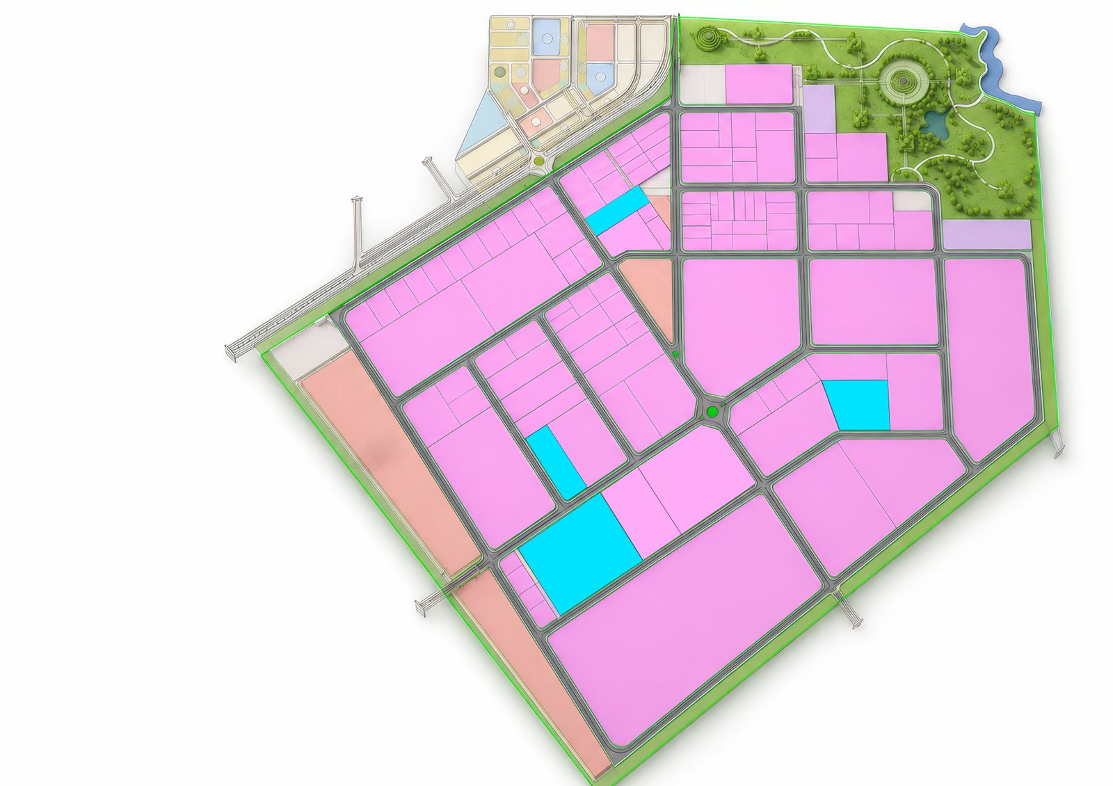 Updated Giang Dien Industrial Park masterplan with four available cyan plots