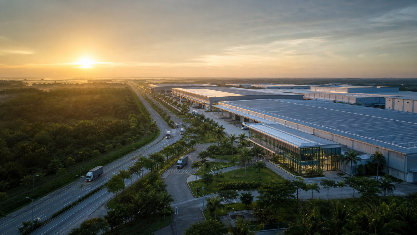 Aerial sunrise view of a modern industrial park with advanced manufacturing buildings and landscaped logistics roads
